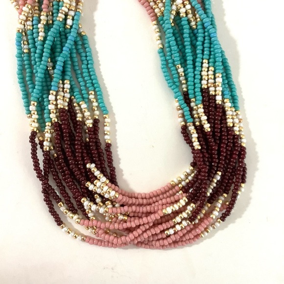 Handmade beaded pink, turquoise, brown multistrand boho necklace - Picture 3 of 4